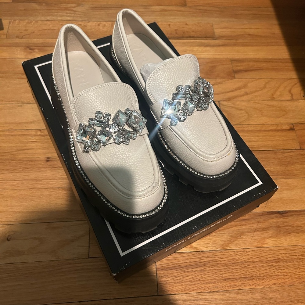 Franco Sarto White Loafers with Crystal Embellishments